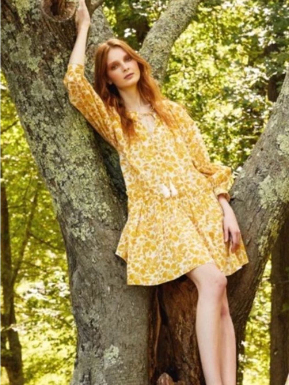 Cara Cara Nathalie Mini Dress Mustard Floral Cotton Tassel Size M